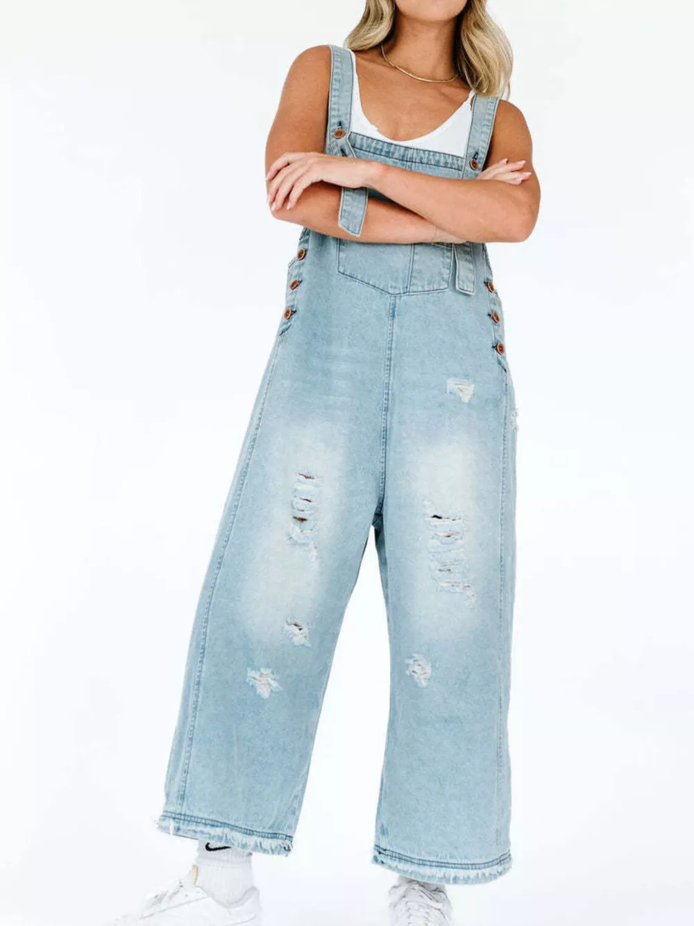 Distressed Wide Leg Denim Overalls, image 8