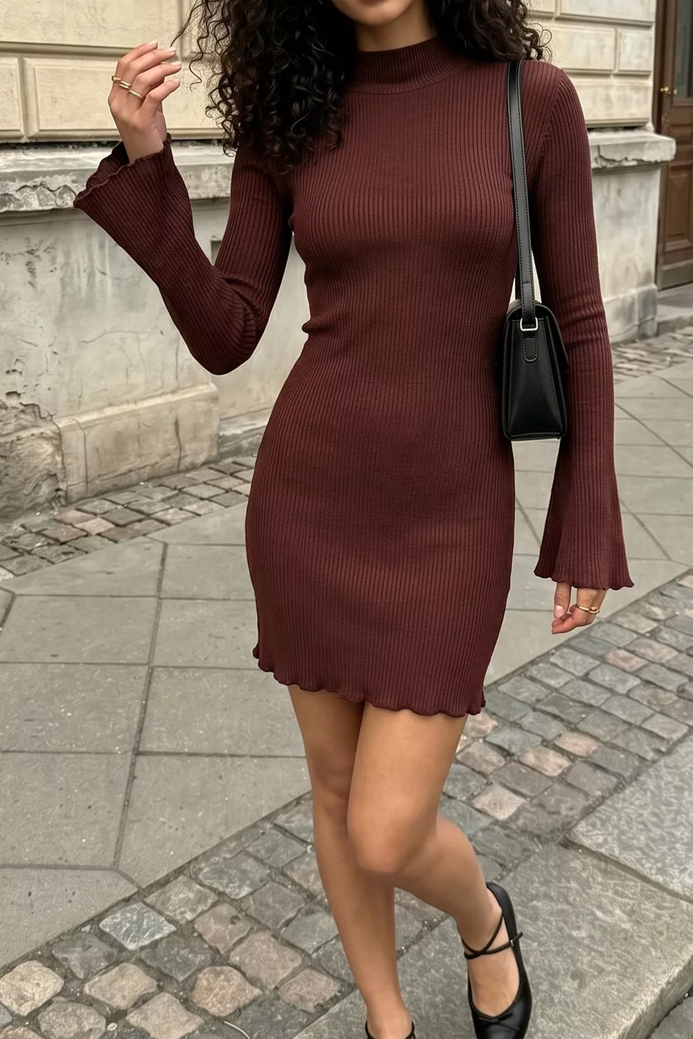 Mock Neck Ribbed Knit Bodycon Mini Dress, image 4