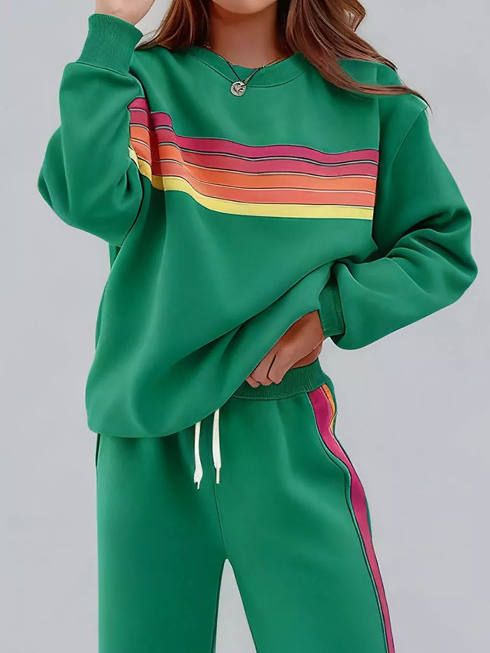 Striped Round Neck Sweatshirt and Pants Set, image 8