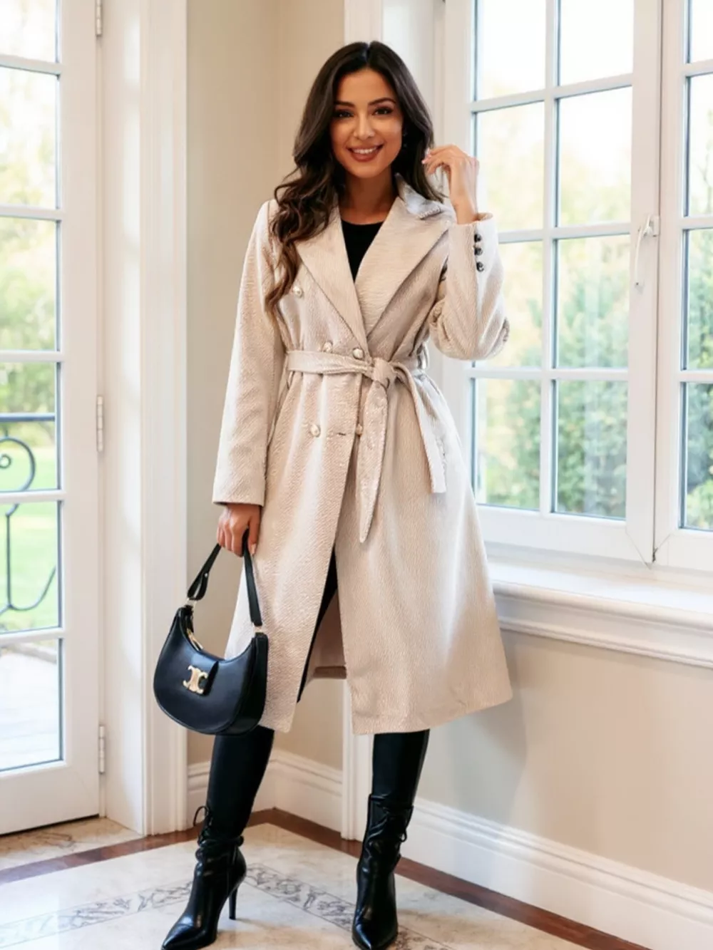 Double-Breasted Tie Waist Overcoat, image 7