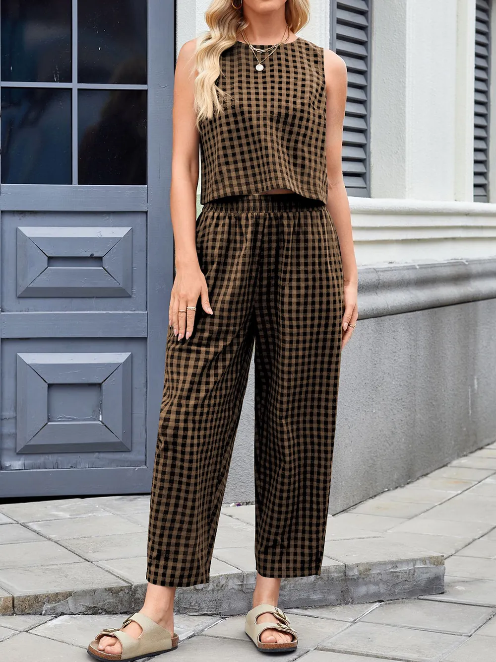 Plaid Round Neck Sleeveless Top and Pants Set, image 9