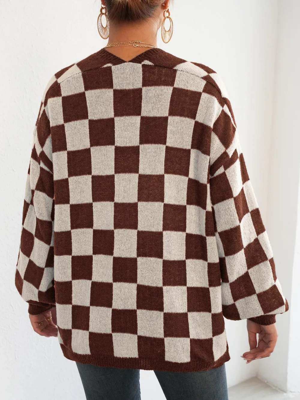 Checkered Open Front Long Sleeve Cardigan, image 4