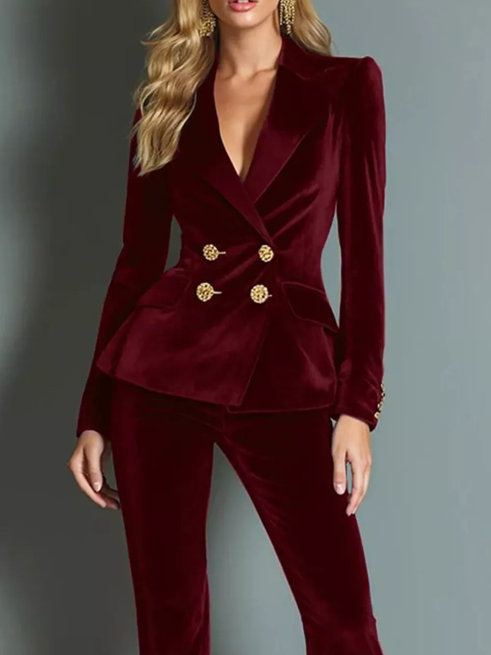 Velvet Double-Breasted Blazer and Flared Pants Set, image 6