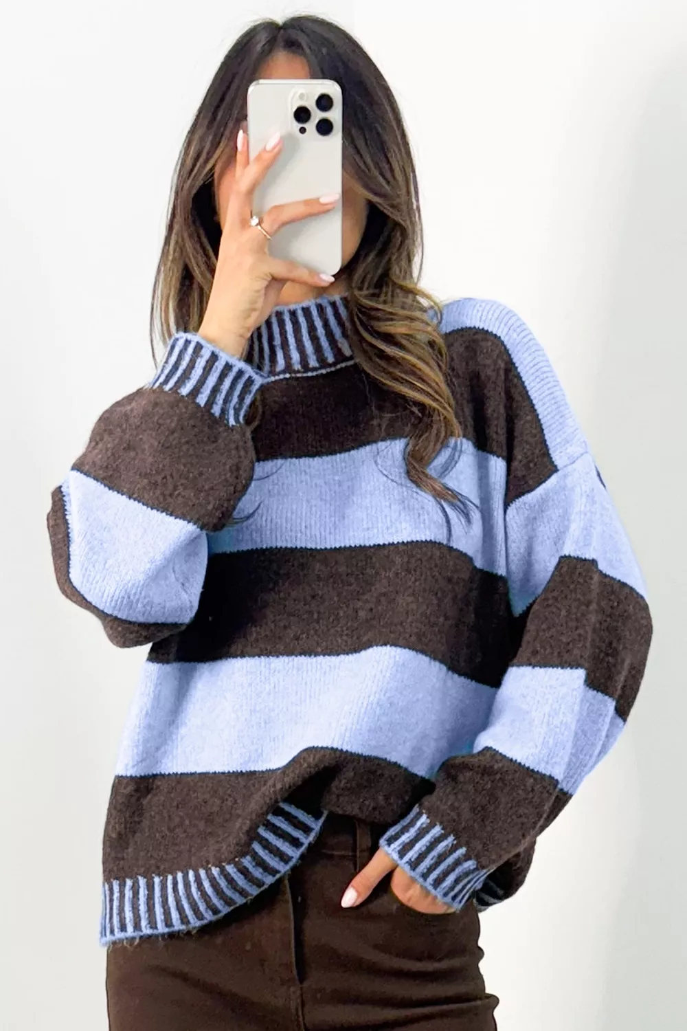 Striped Mock Neck Dropped Shoulder Sweater