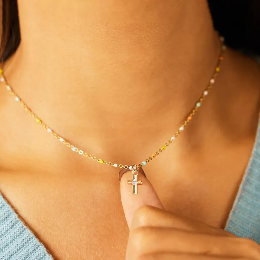 Inlaid Zircon 18K Gold-Plated Cross Bead Necklace, image 2