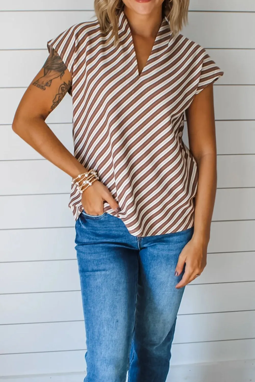 Striped V Neck Cap Sleeve Blouse, image 9