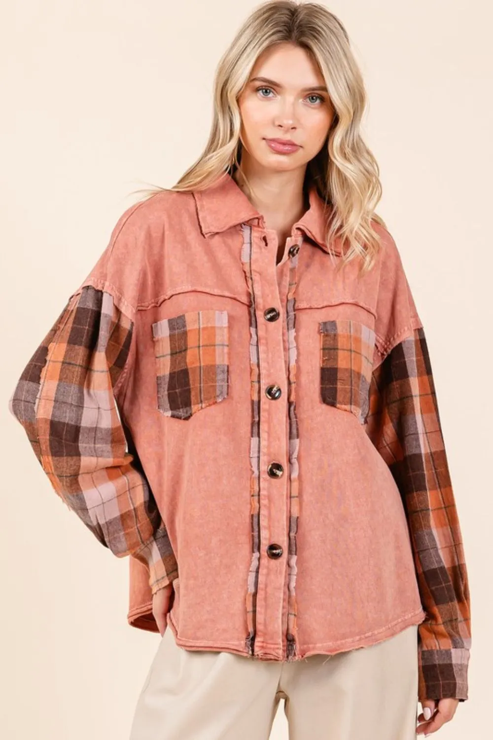 Button Down Contrast Plaid Patchwork Shacket, image 3
