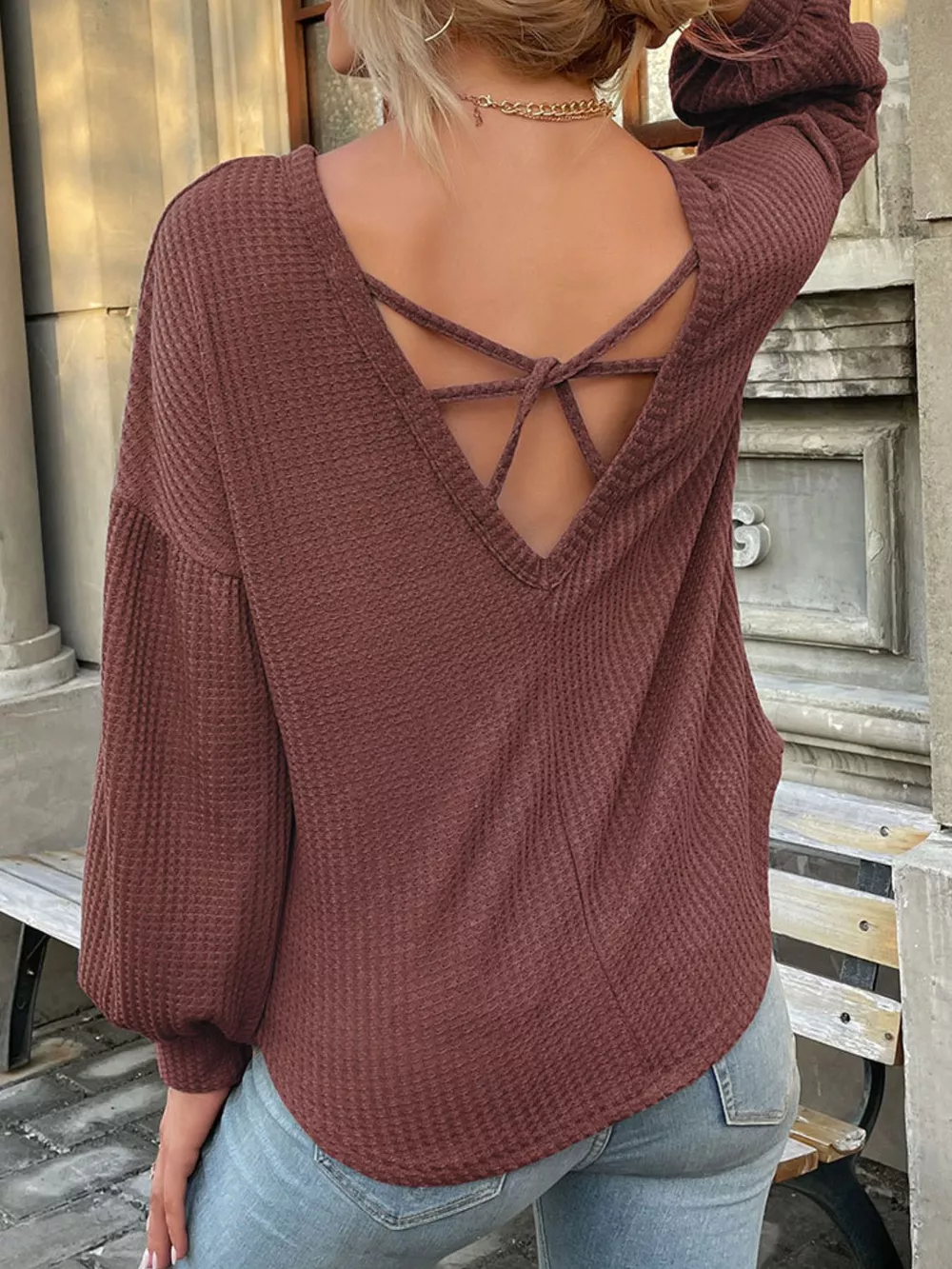 Waffle Knit Round Neck Top, image 11