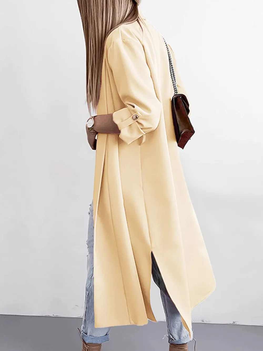 Slit Open Front Roll-Tab Sleeve Trench Coat, image 6