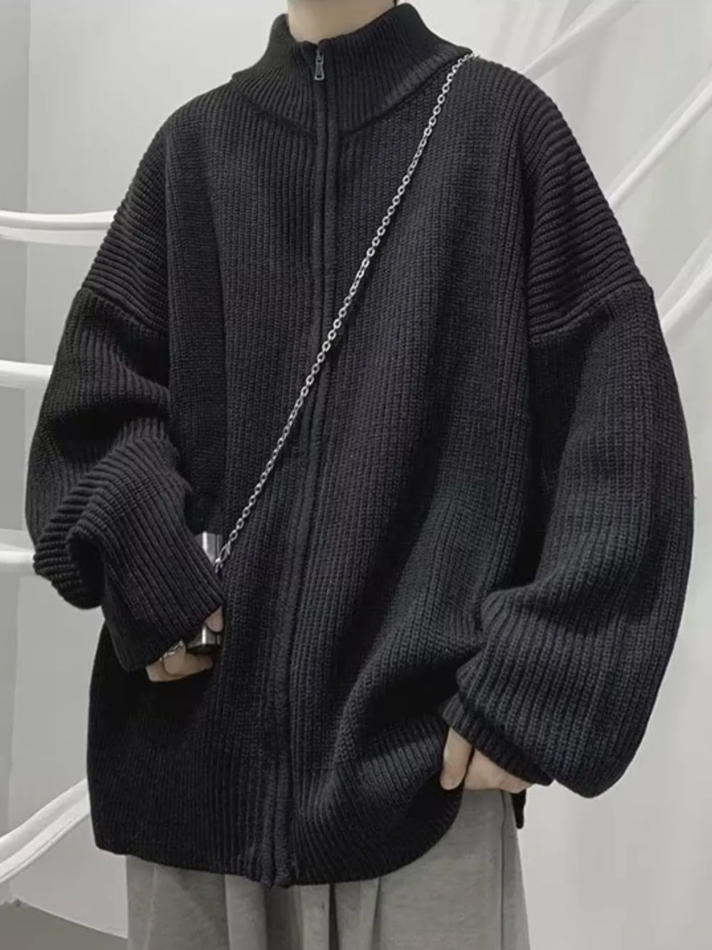 Men's Oversized Ribbed Zip-Up Sweater Cardigan, image 3