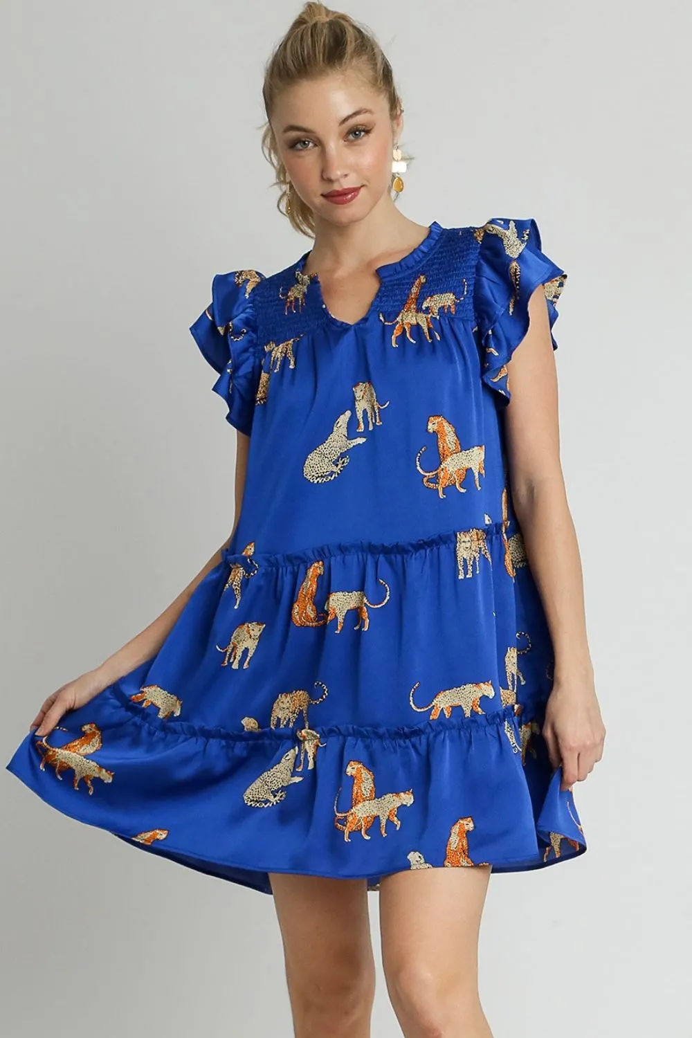 Full Size Cheetah Print Notched Ruffle Layered Cap Sleeve Mini Dress Plus Size, image 3