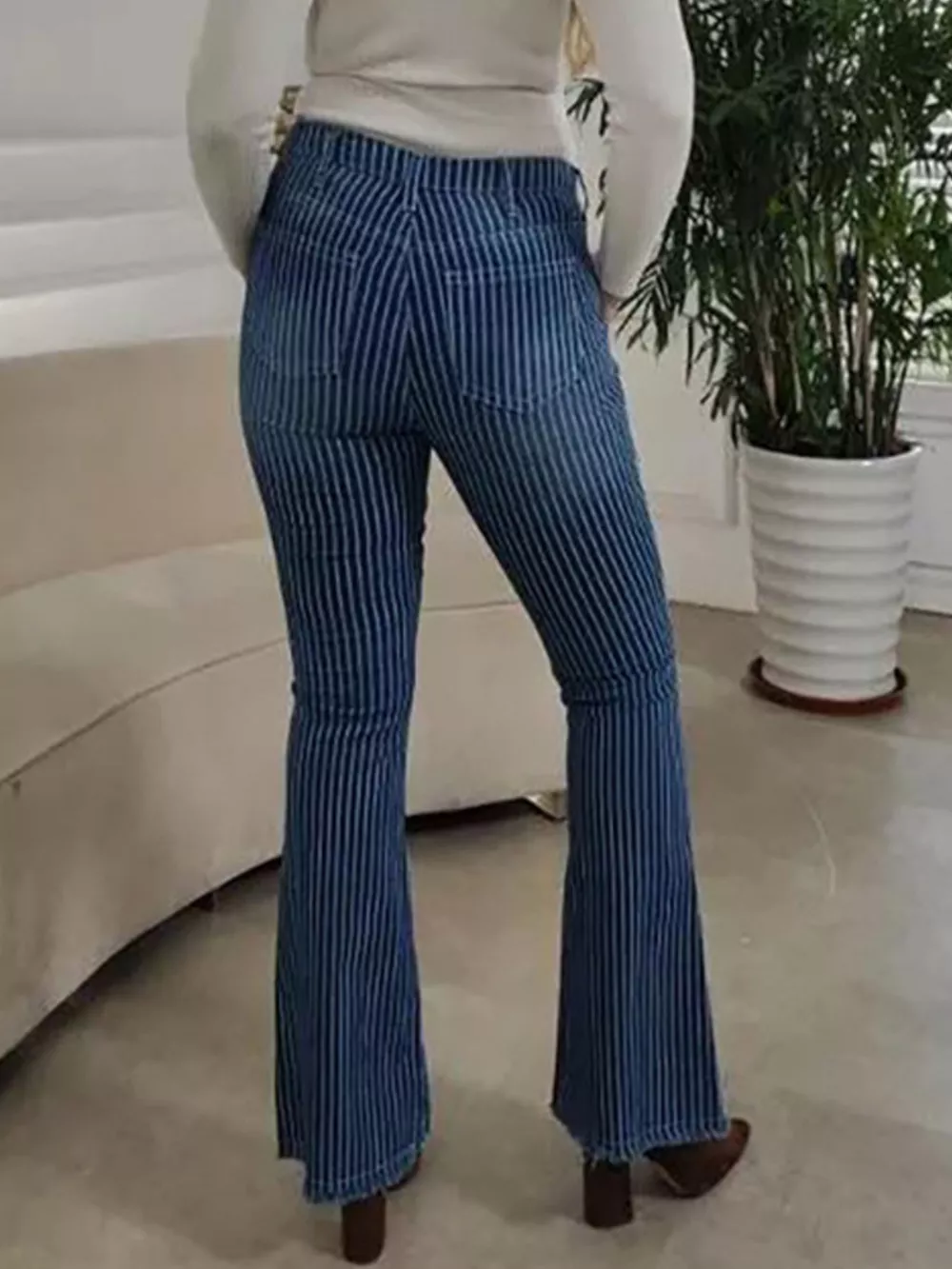Striped Button Fly Flare Jeans, image 7
