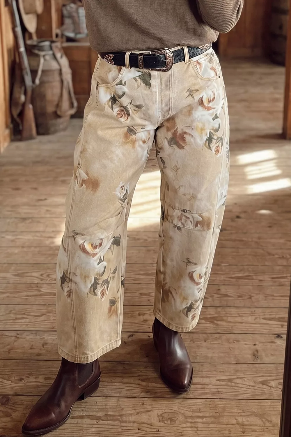 Retro Floral Print Relaxed Barrel Jeans