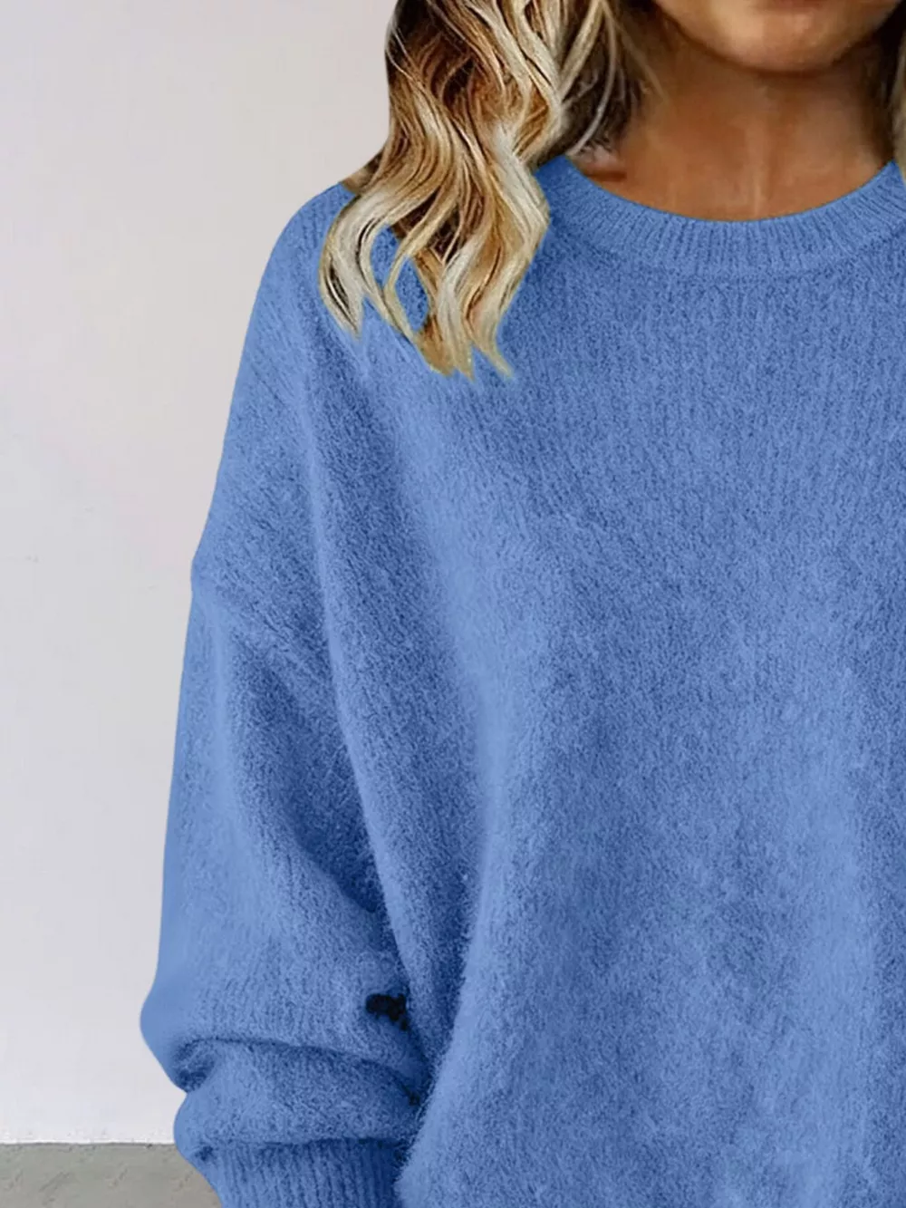 Full Size Round Neck Dropped Shoulder Sweater Plus Size, image 3