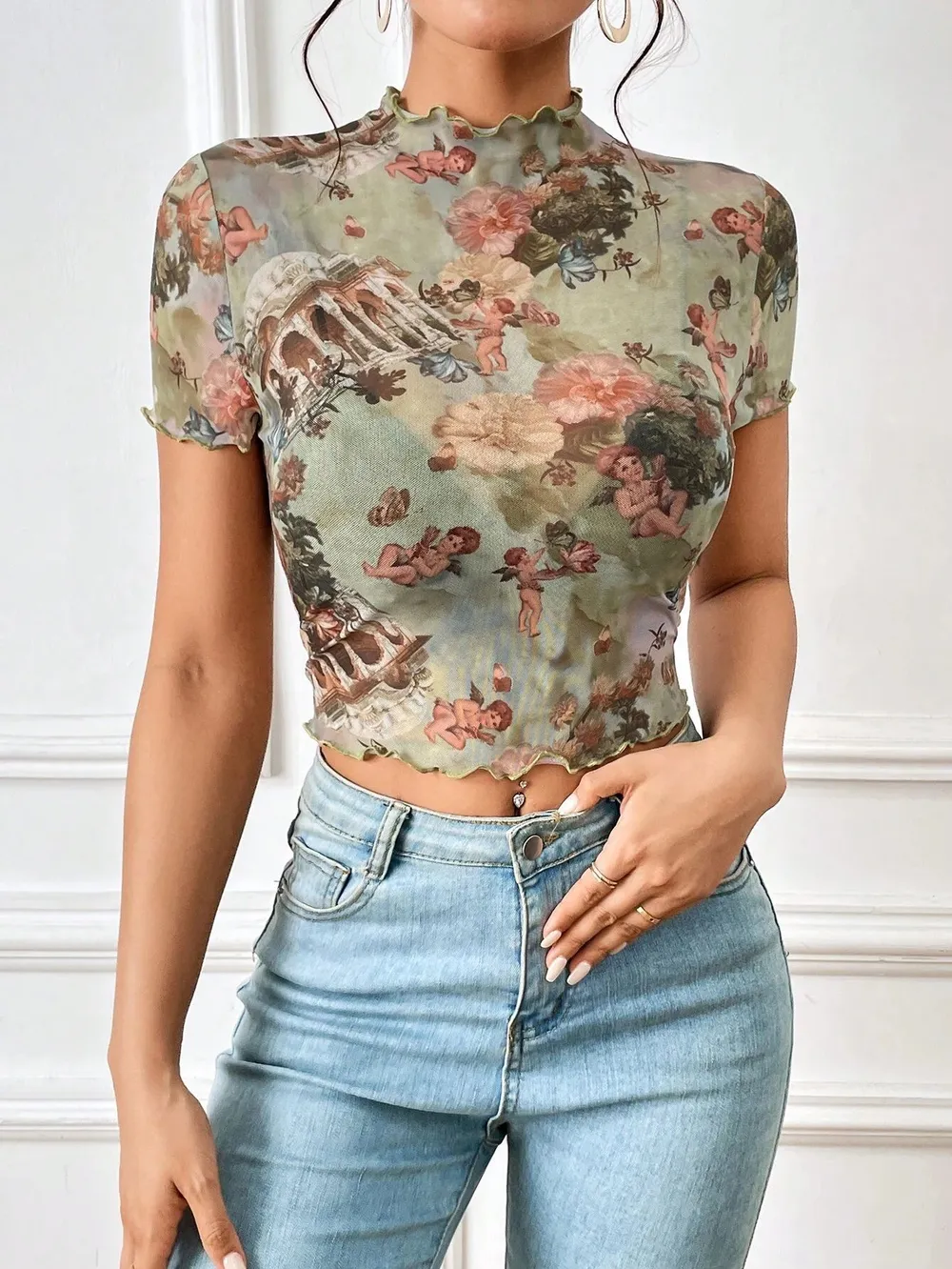 Abstract Print Ruffled Mock Neck Crop T-Shirt, image 7