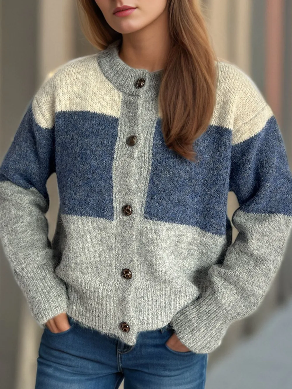 Color Block Round Neck Button Up Cardigan, image 5