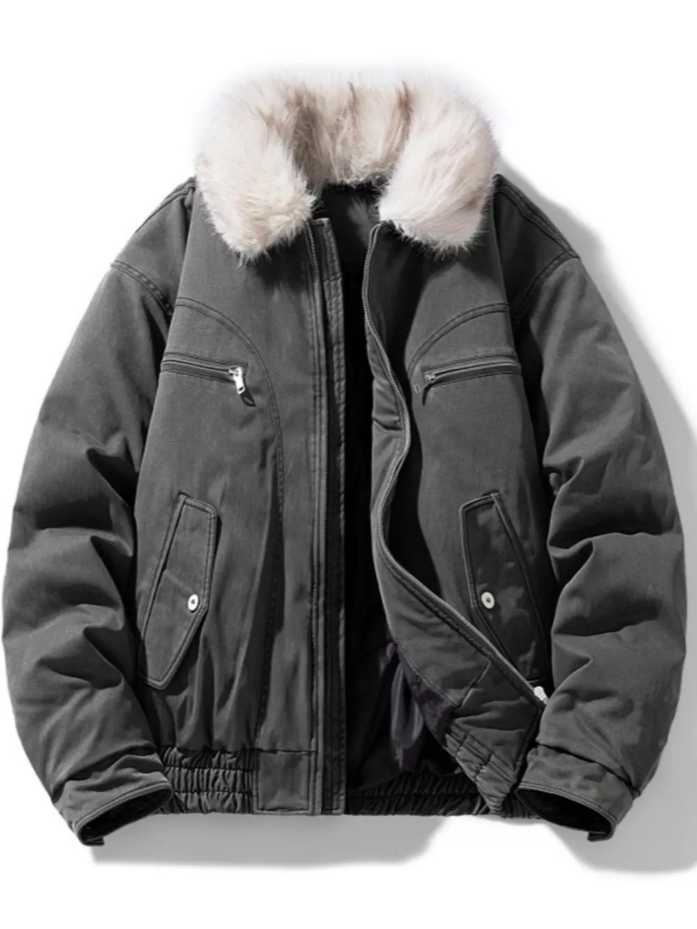 Men's Full Size Fur Collar Zip Up Bomber Jacket Plus Size, image 3