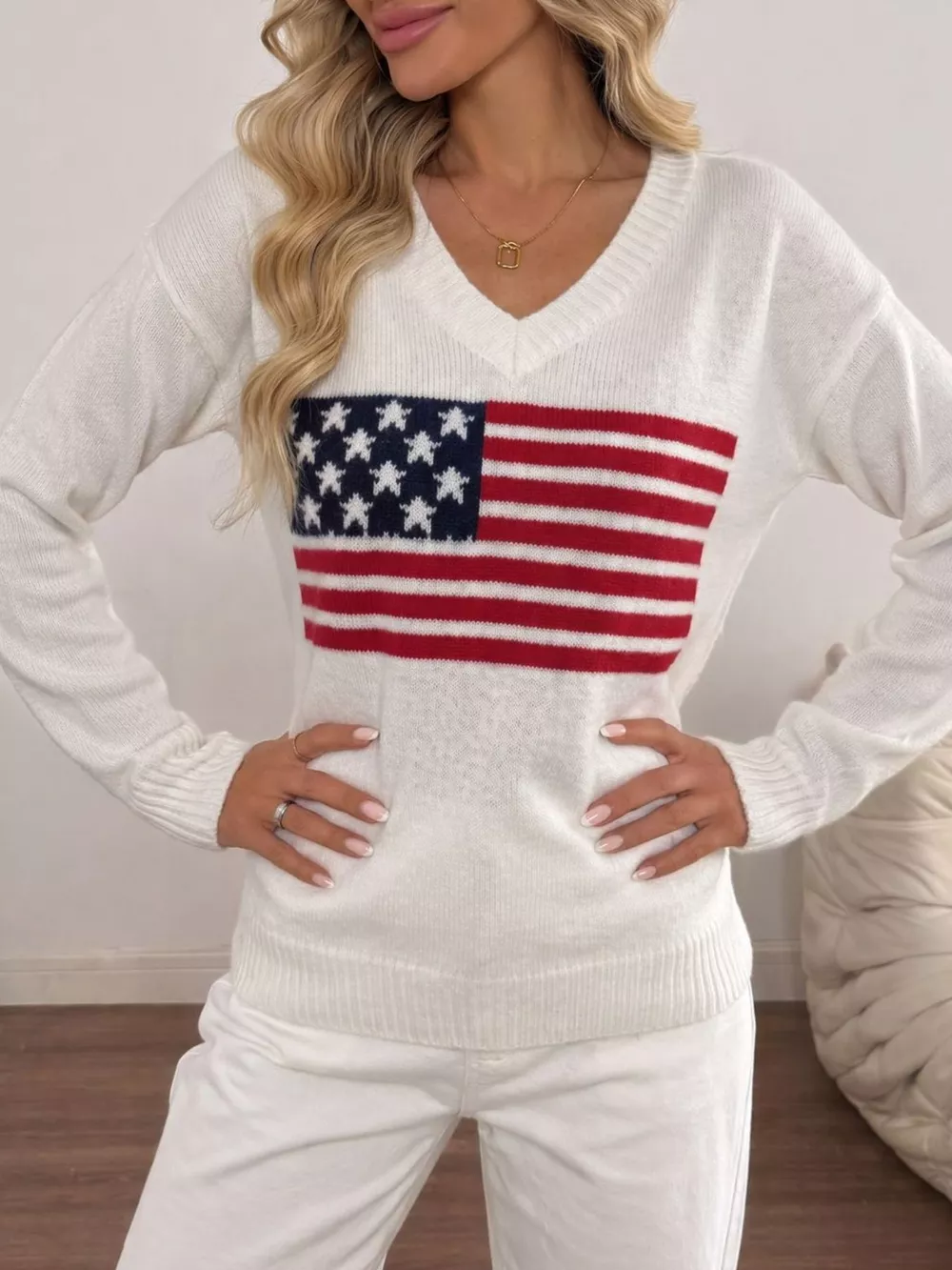 American Flag V-Neck Knit Top, image 3