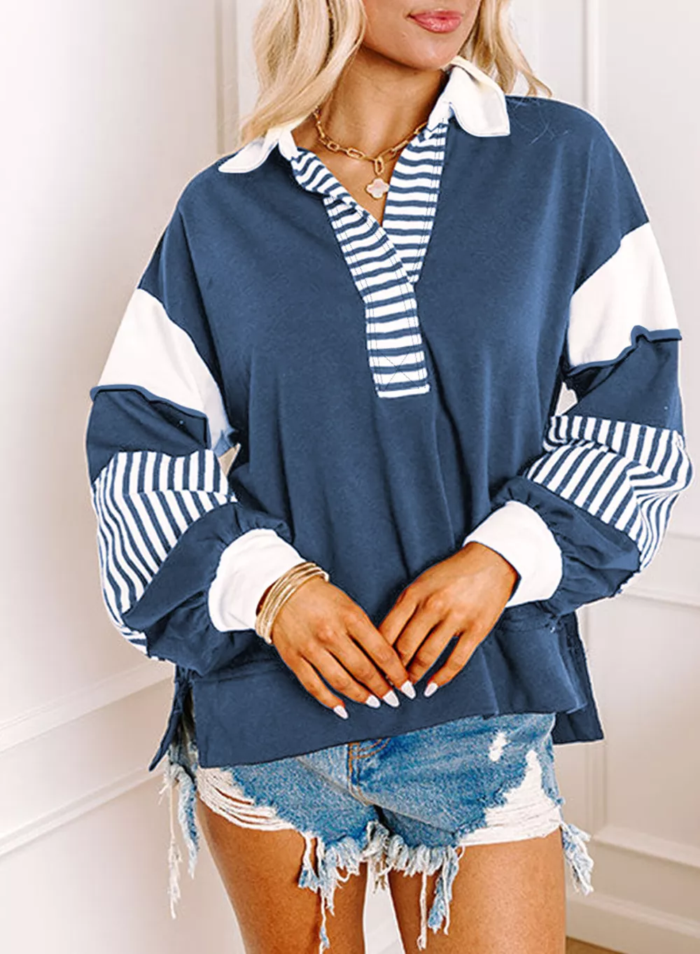 Color Block Striped Johnny Collar Sweatshirt, image 12