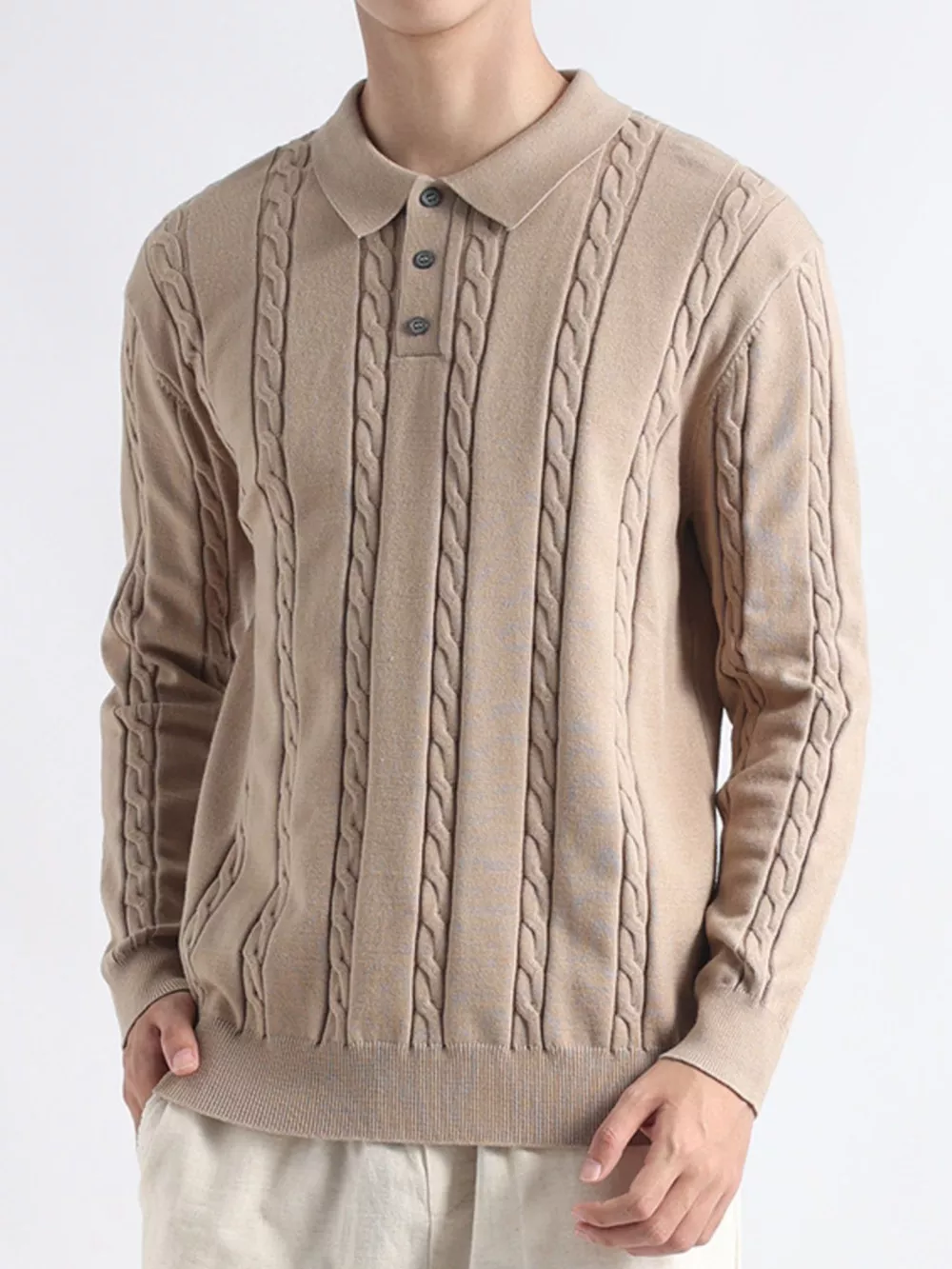 Men's Plus Size Cable-Knit Polo Collar Sweater, image 5