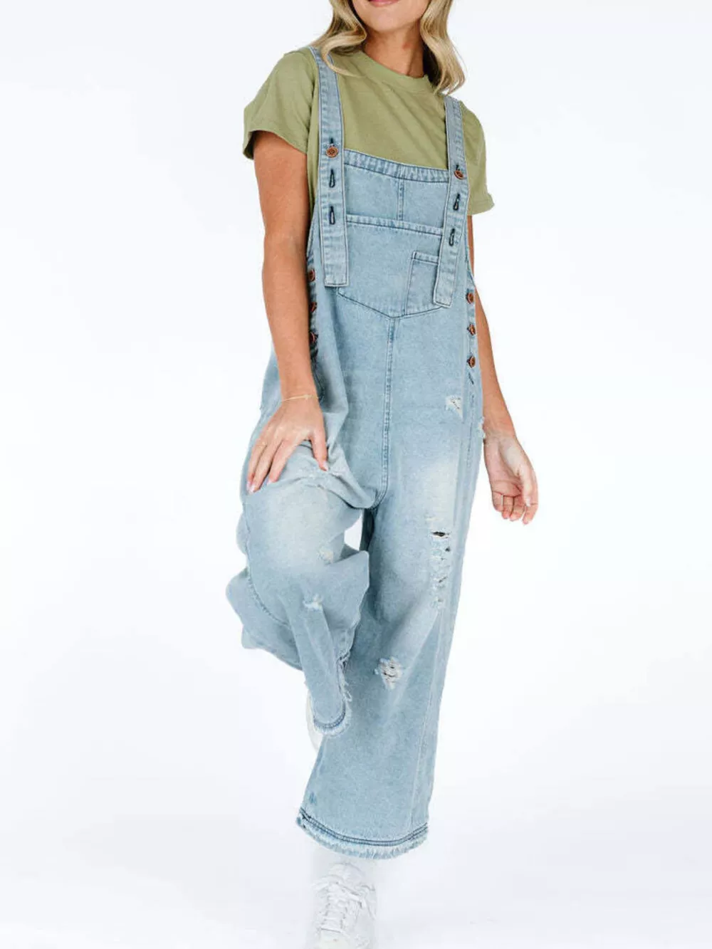 Distressed Wide Leg Denim Overalls, image 9
