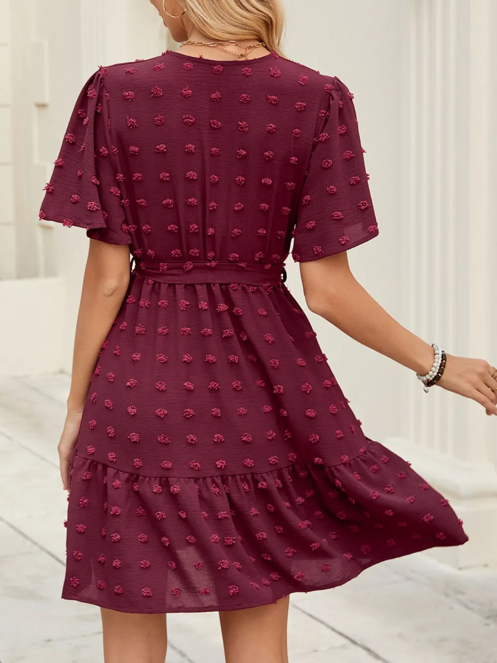 Swiss Dot Flutter Sleeve Wrap Dress, image 6