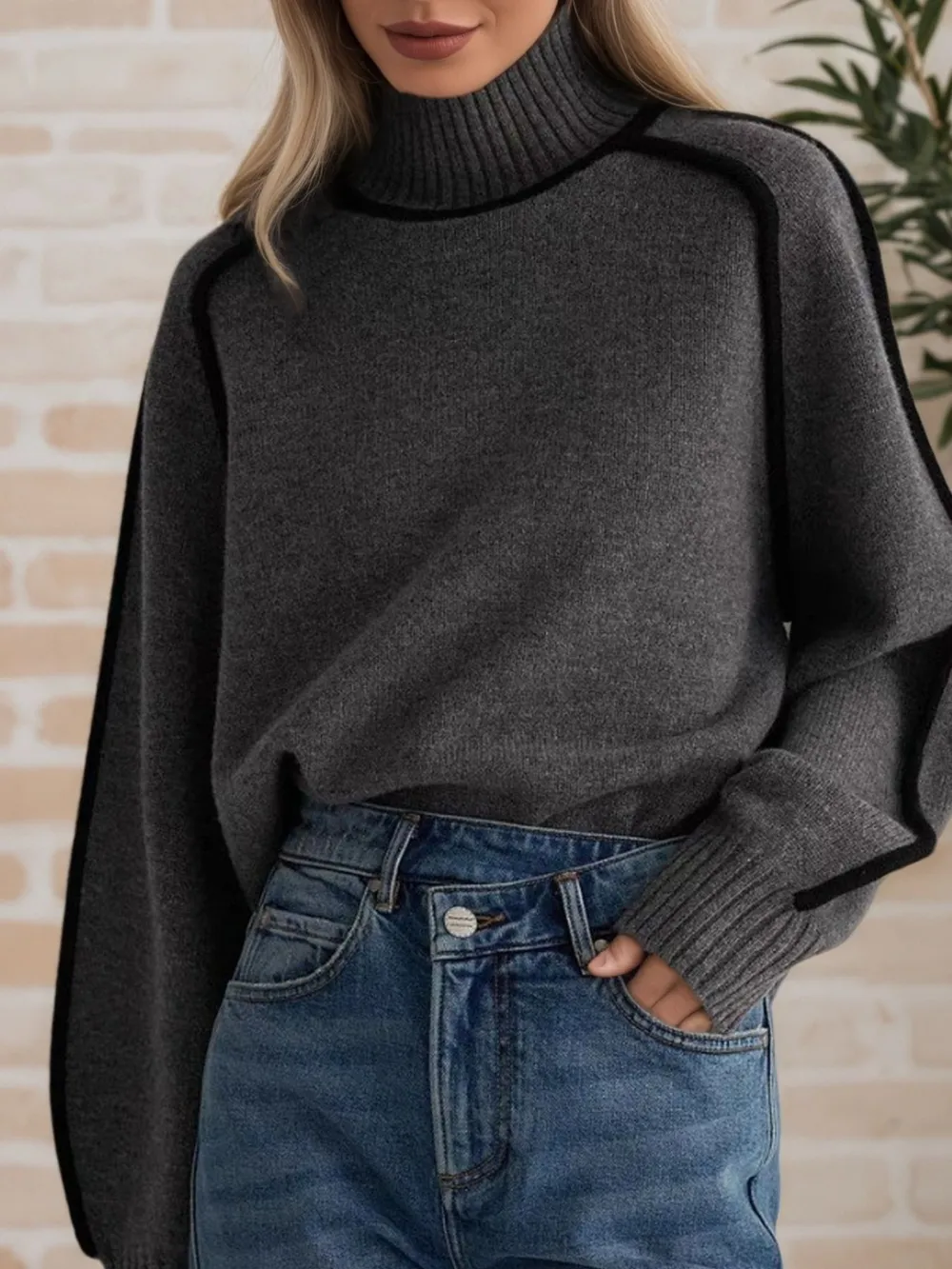 Contrast Trim Turtleneck Sweater, image 15