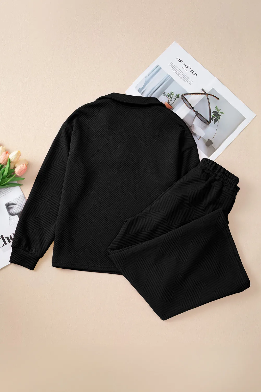 Textured Long Sleeve Top and Drawstring Pants Set, image 5