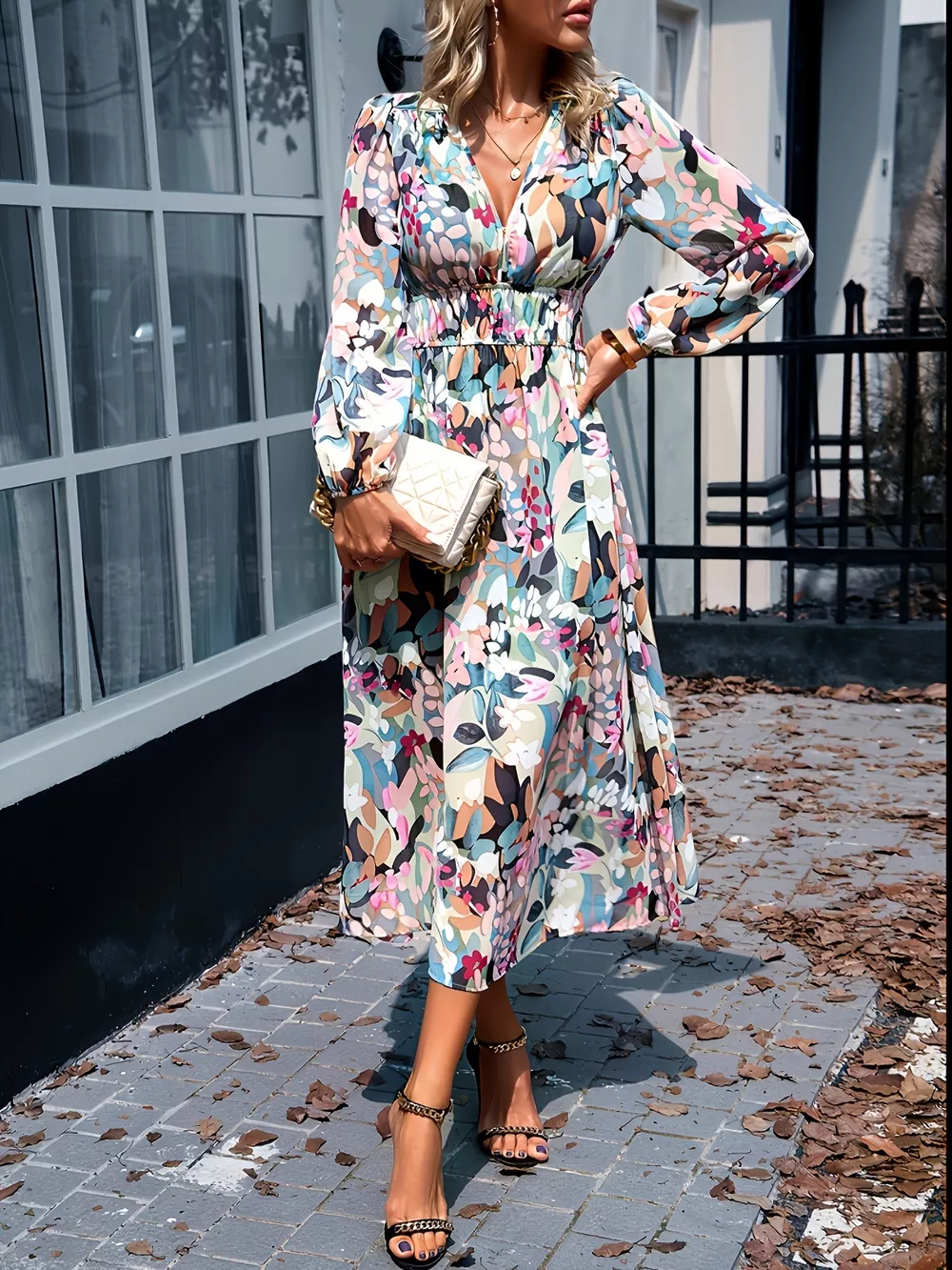 Floral Print Long Sleeve Midi Dress, image 6