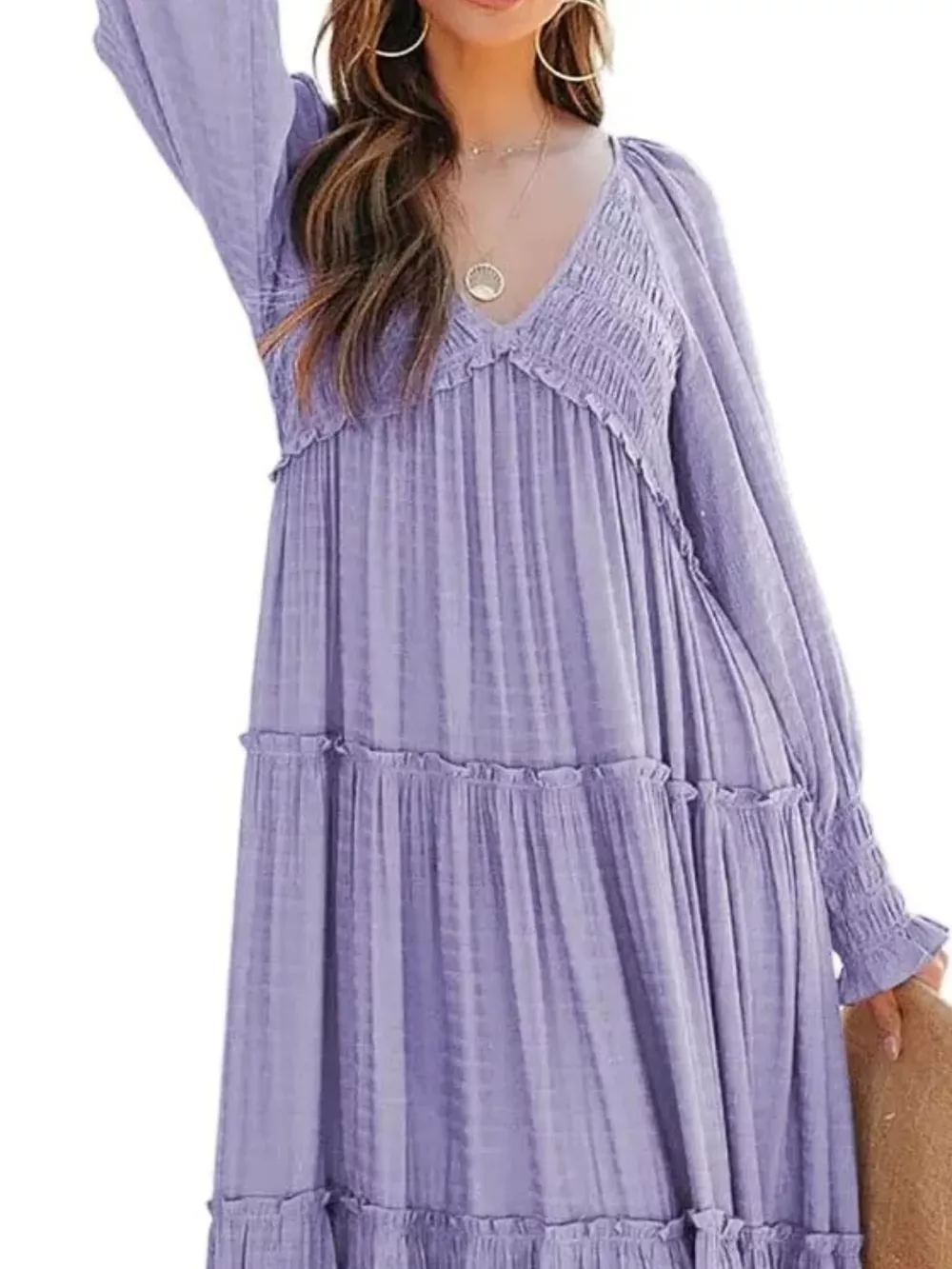 V-Neck Long Sleeve Tiered Maxi Dress, image 3