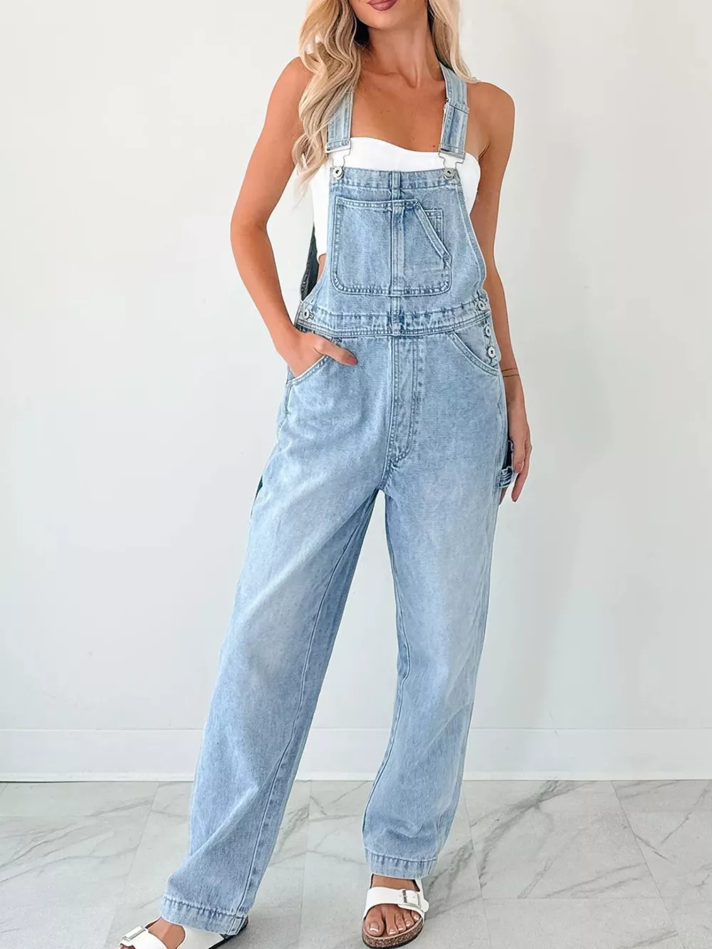 Wide Strap Relaxed Fit Denim Overalls, image 3