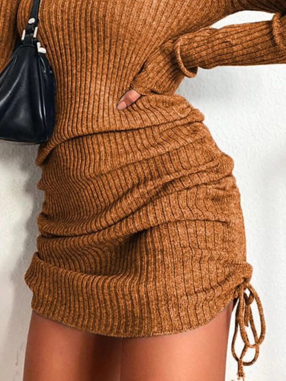 Full Size Ribbed Knit Drawstring Bodycon Sweater Dress Plus Size, image 10