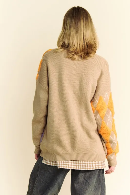 Argyle V-Neck Dropped Shoulder Cardigan, image 2