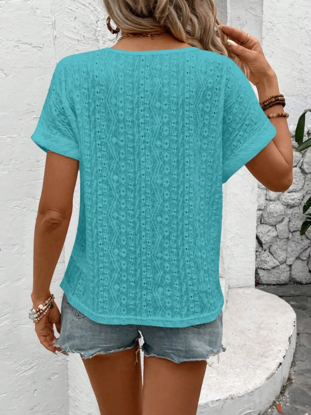 Eyelet Round Neck Short Sleeve Top, image 8