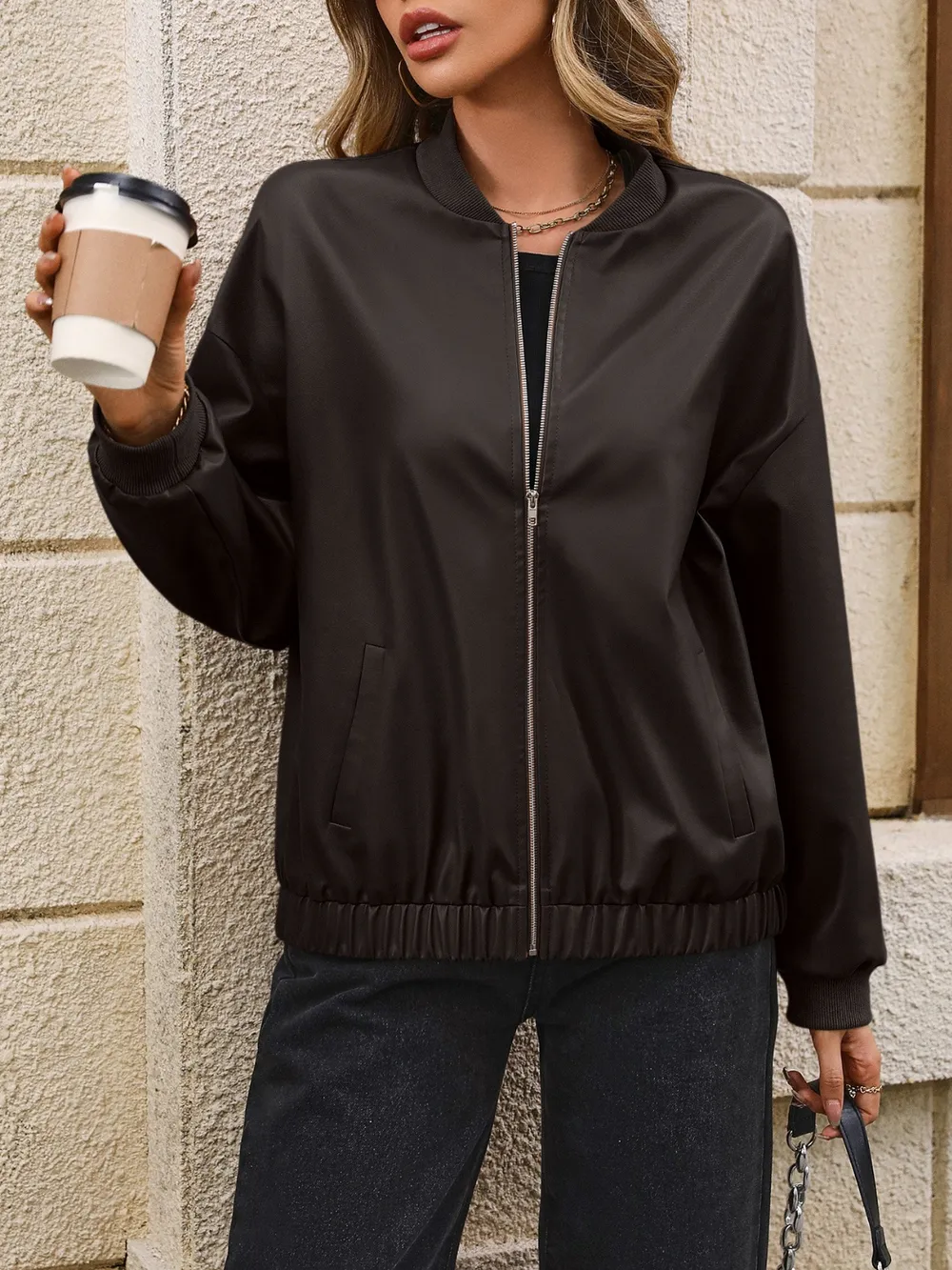 Zip Up Baseball Collar Dropped Shoulder Jacket, image 11