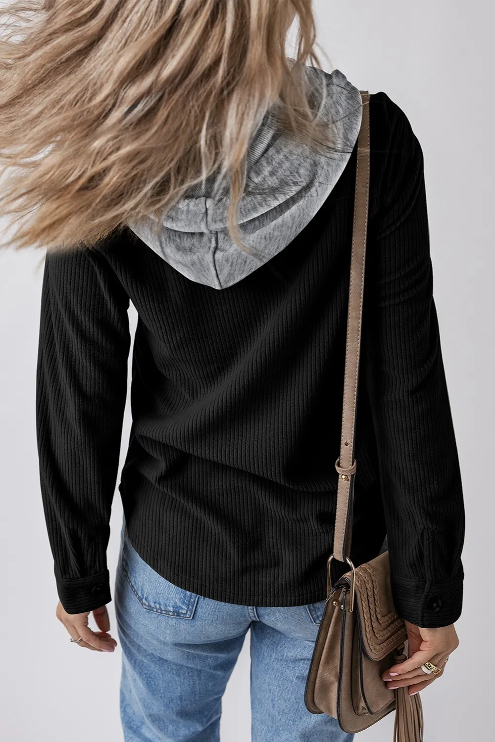 Drawstring Button Up Long Sleeve Hooded Jacket, image 5