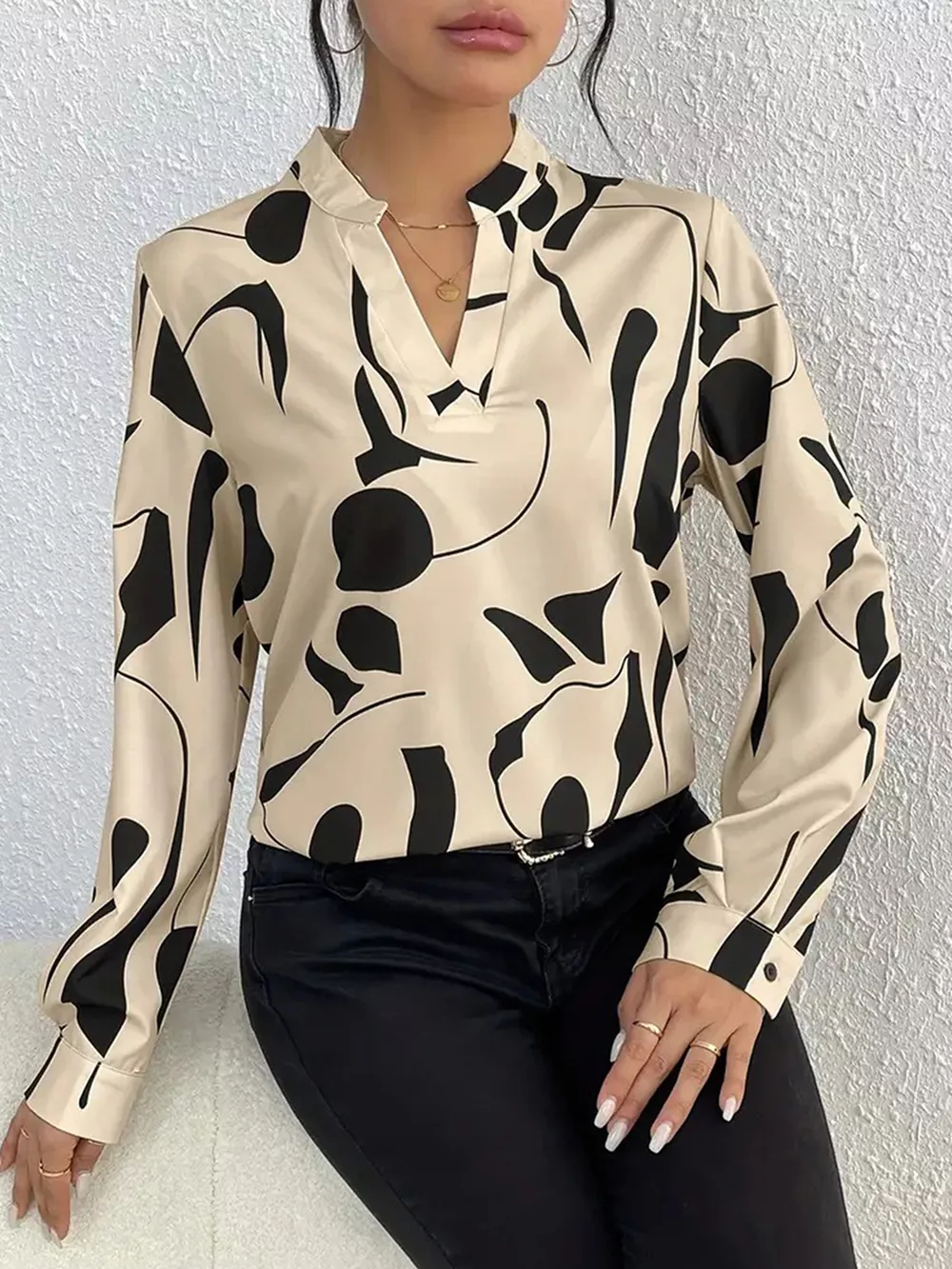 Abstract Print Notched Long Sleeve Blouse, image 4