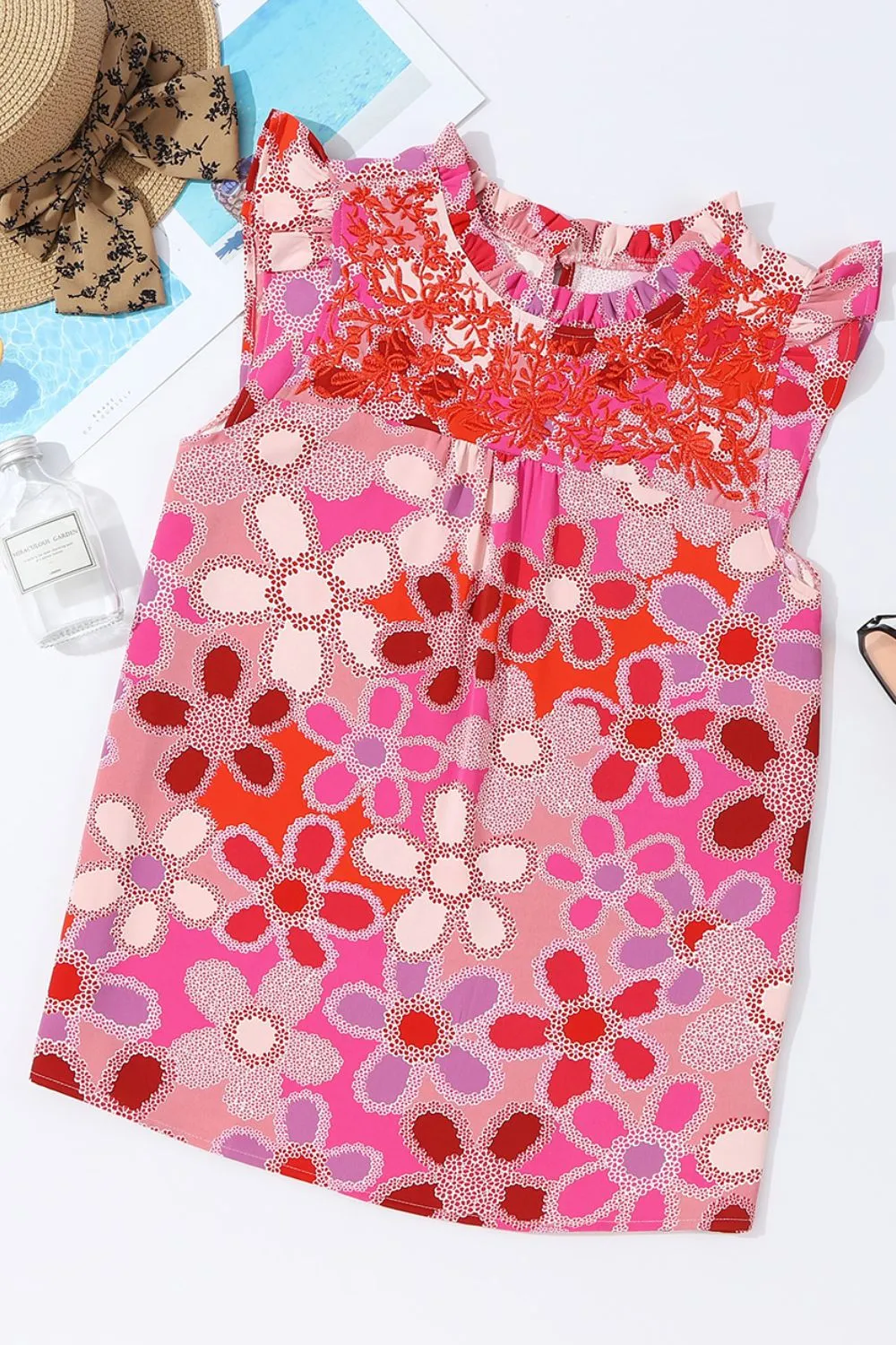 Embroidered Detail Floral Ruffle Cap Sleeve Blouse, image 8