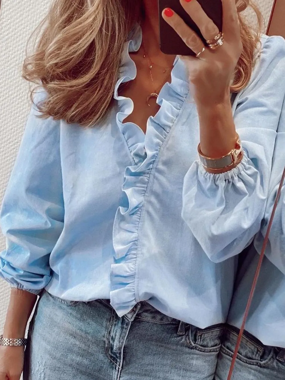 Ruffled V-Neck Long Sleeve Blouse, image 13