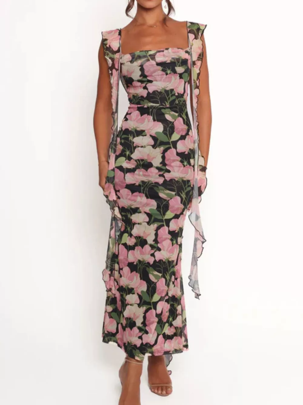 Floral Print Ruffle Trim Bodycon Maxi Dress, image 7