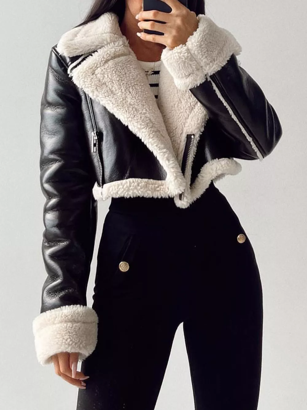 Collared Neck Long Sleeve Plush Cropped Jacket, image 7