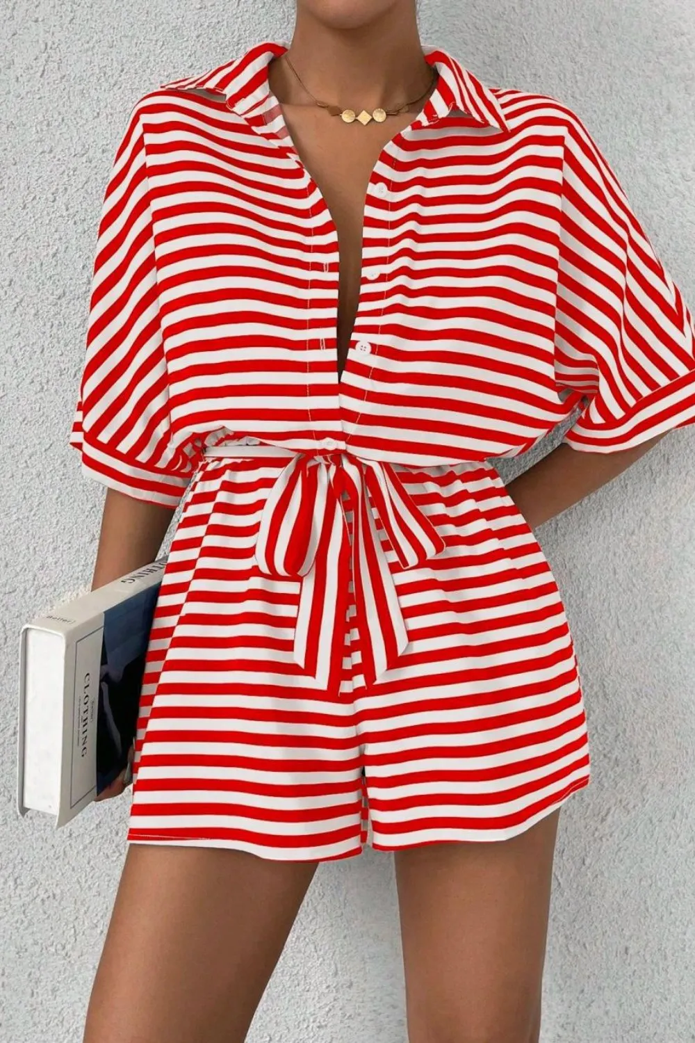 Striped Collared Neck Tie Waist Romper, image 11