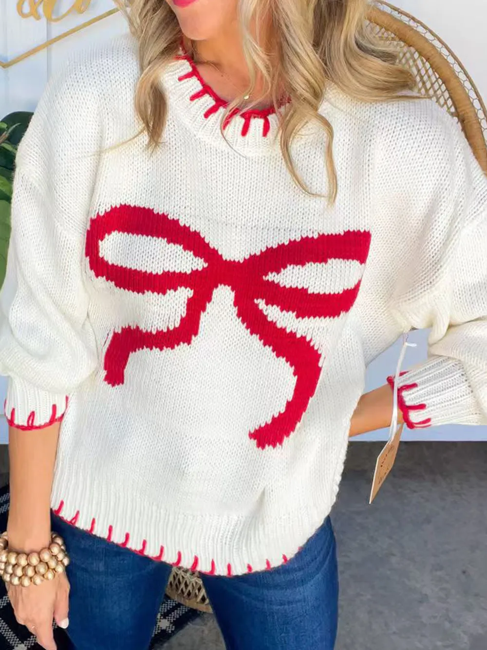Bow Round Neck Long Sleeve Sweater, image 3