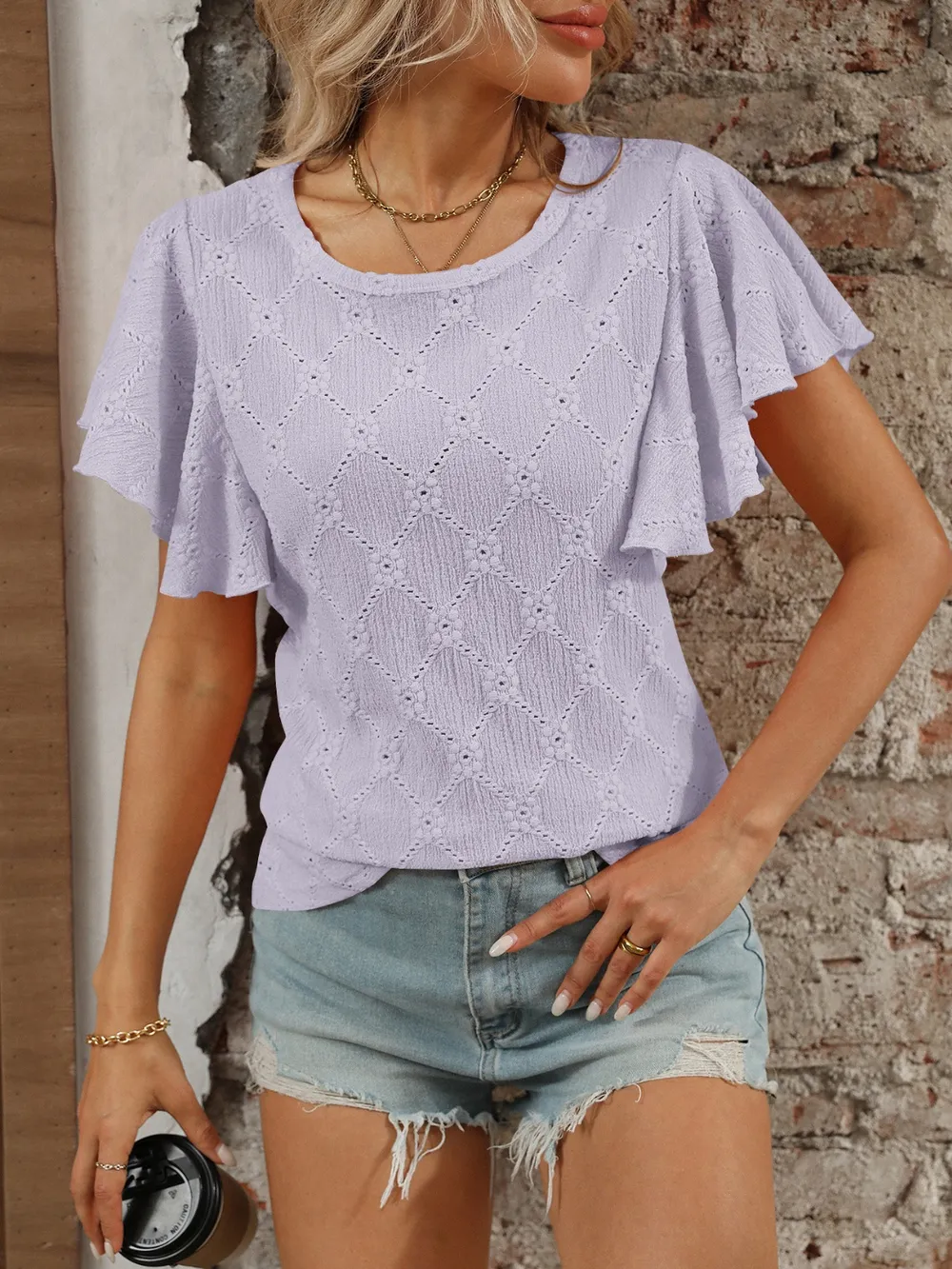 Eyelet Round Neck Flutter Sleeve Top, image 10