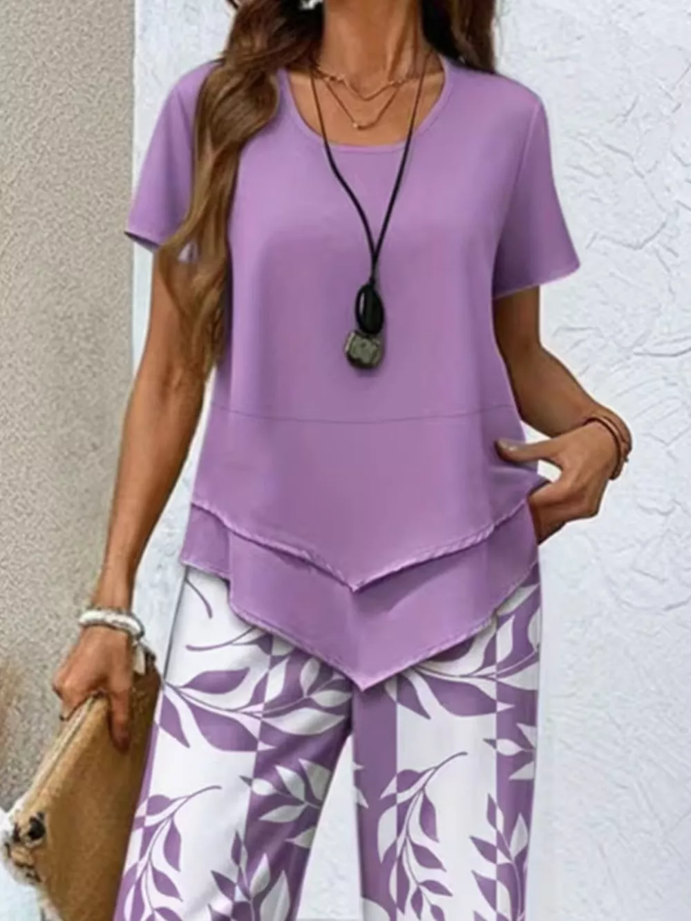 Layered Top and Leaf Print Cropped Pants Set, image 8