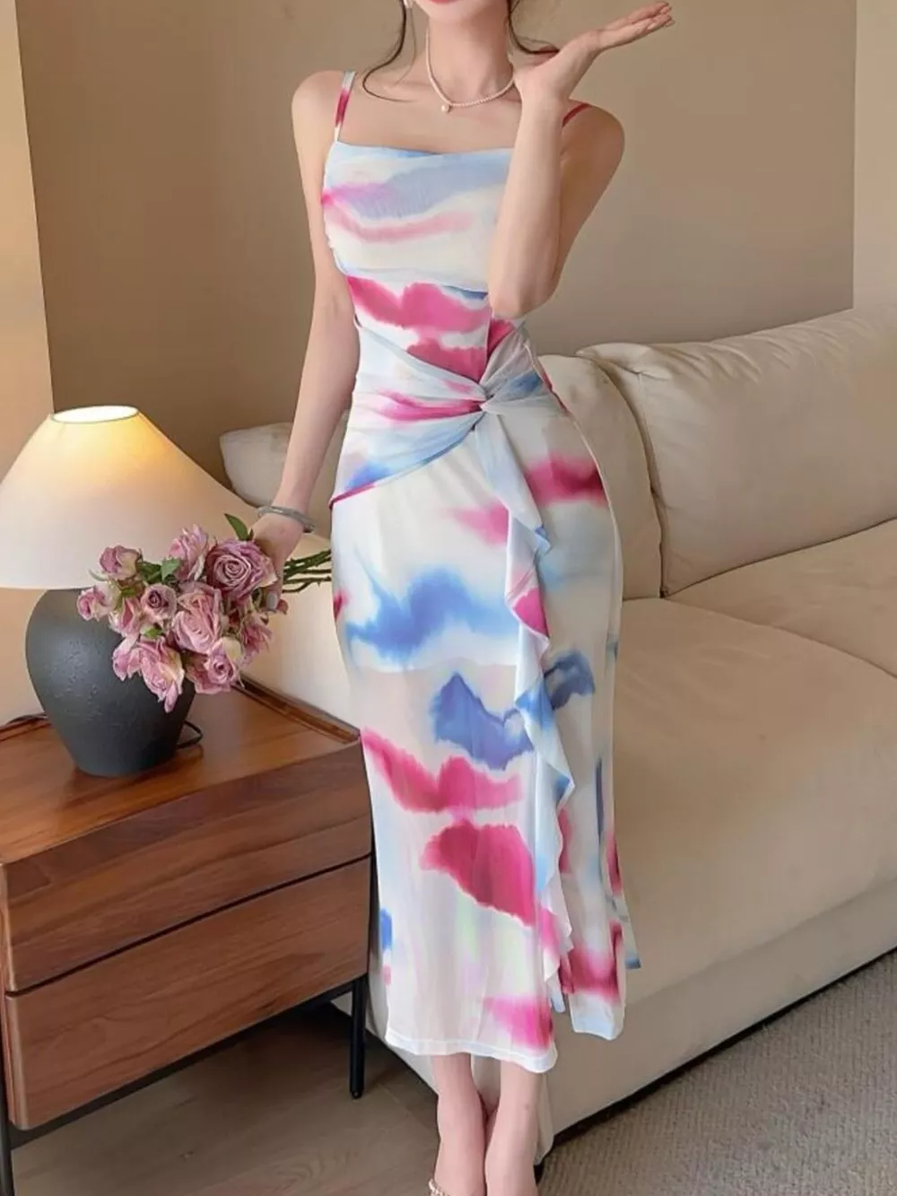 Abstract Watercolor Print Ruched Midi Dress, image 6