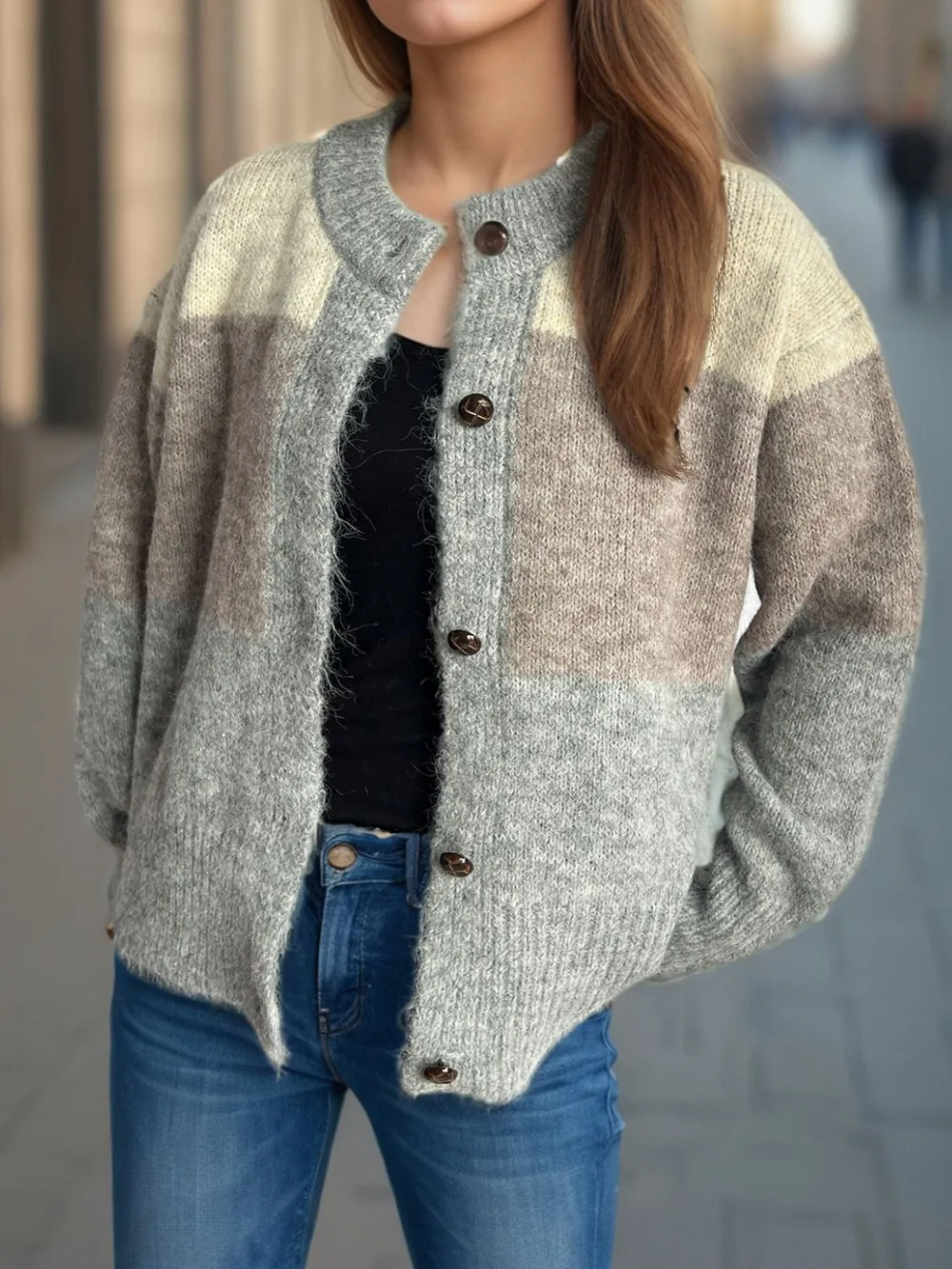 Color Block Round Neck Button Up Cardigan, image 12