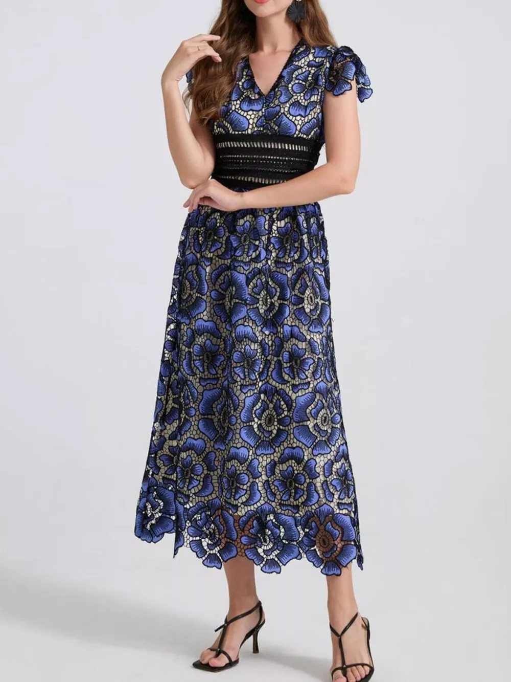 Printed V-Neck Ruffle Sleeve Midi Dress