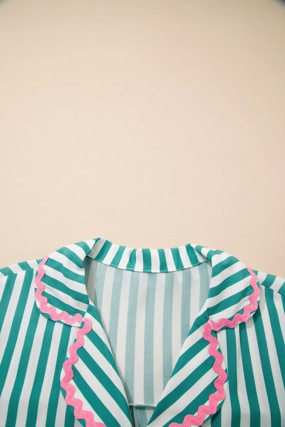 Stripe Contrast Ricrac Trim Long Sleeve Shirt Drawstring Ruffled Pajama Short Set, image 7