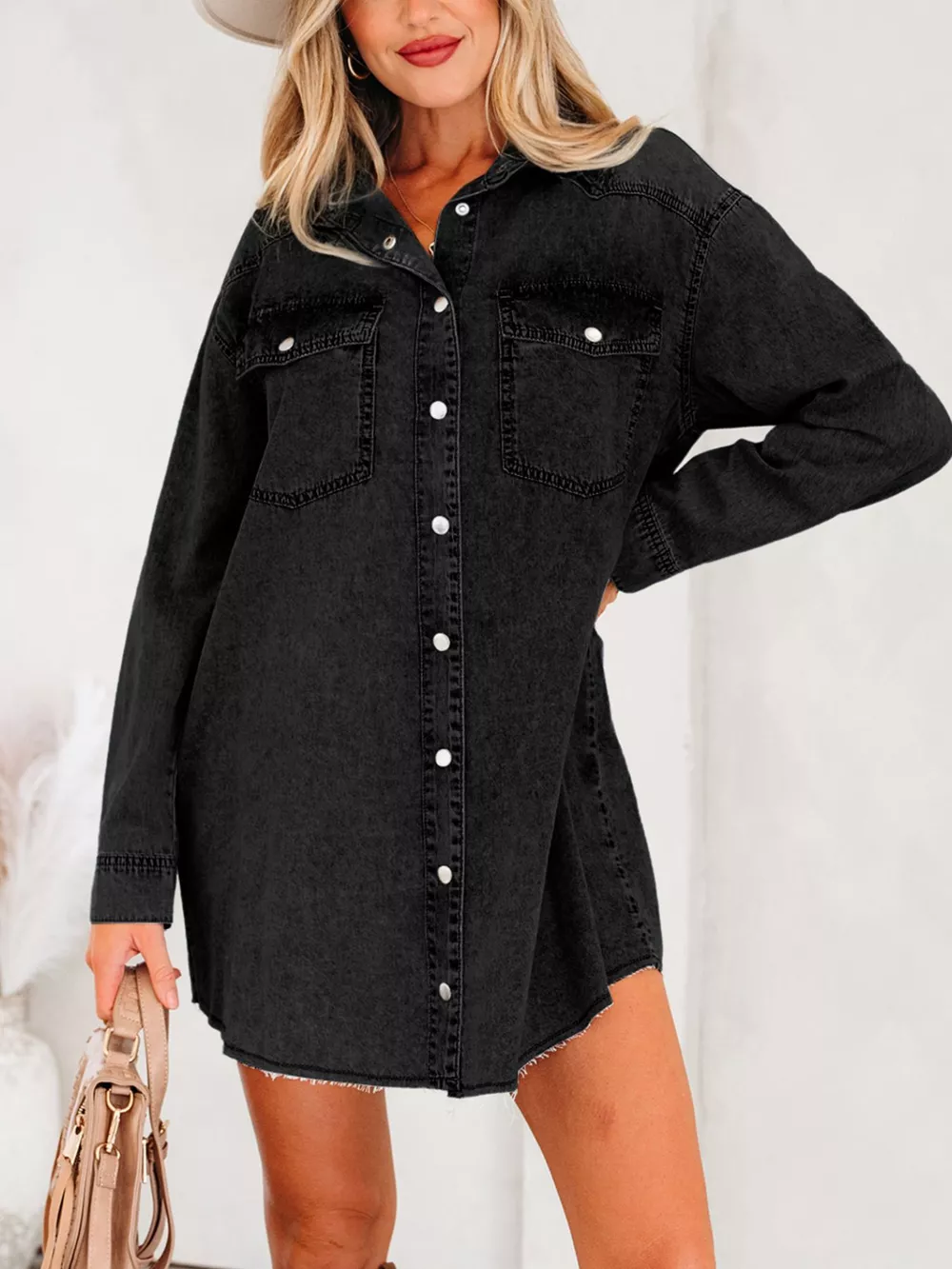 Chest Pocket Raw Hem Denim Loose Shirt Dress, image 4